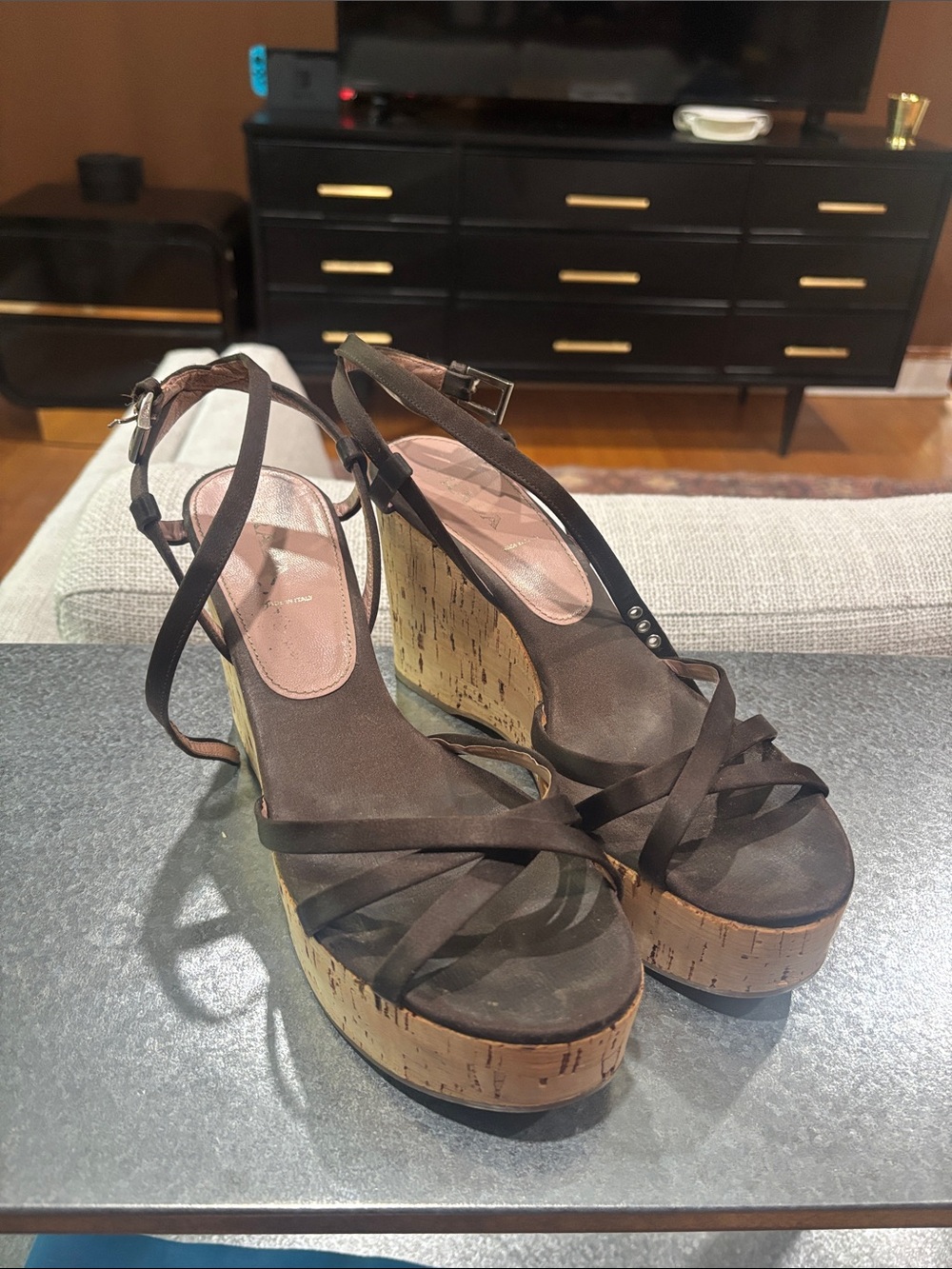 Womens Prada Brown Cork Wedge Sandals - Platform Strappy Heels